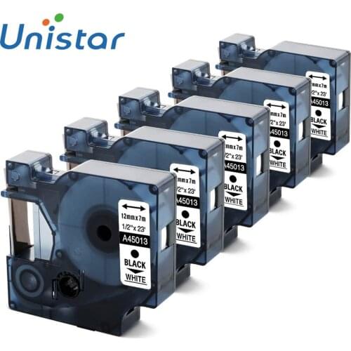 Unistar 5PCS 45013 Compatible Dymo D1 Label Ribbons 12mm Black on White for Dymo Label Printer 45013 Label Tape Cartridges