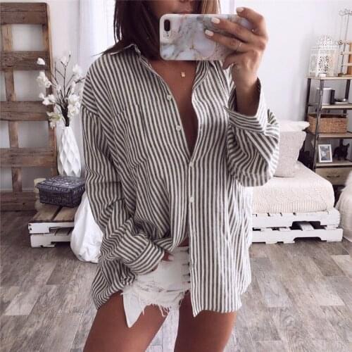 New 2019 Women Loose Striped Long Sleeve Button V Neck Shirt Boyfriend Stylish Casual Blouse Tops
