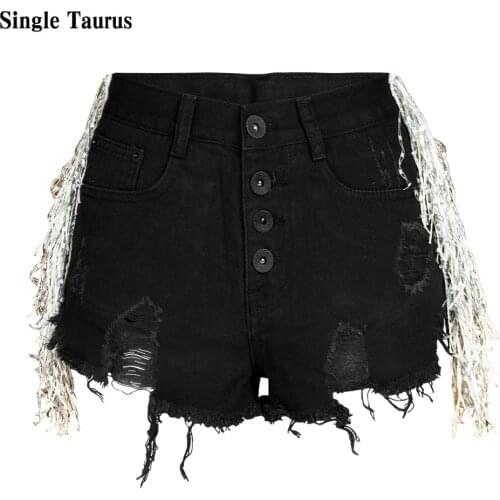 High Waist Jeans Shorts Women Side Stripe Tassel Spandex Black Denim Short Pantalones Cortos De Mujer Ropa De Verano Mujer 2020
