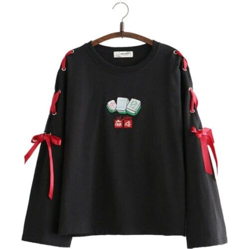 MERRY PRETTY Women Cartoon Embroidery Lace Up Hoodies 2020 Spring Long Sleeve O-Neck Cotton Pullovers Chinese Style Sweatshirts