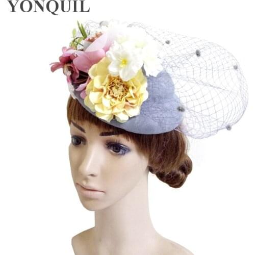 Women Fancy Grey Beautiful Fascinator Headwear Silk Flowers Wedding Hats Net With Dots Race Hair Accessories For Bridal MD16009