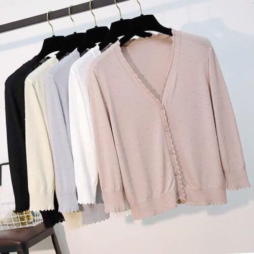 Summer Womens Ice Silk Cardigans V Neck Thin Knitted Sweater Pink White Grey Apricot Ladies Casual Knitting Tops Coat