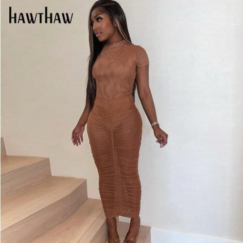 Hawthaw Women Summer Short Sleeve Bodysuit Long Pencil Skirt Mesh See Through Two Pieces Suit 2021 Female Clothing Streetwear