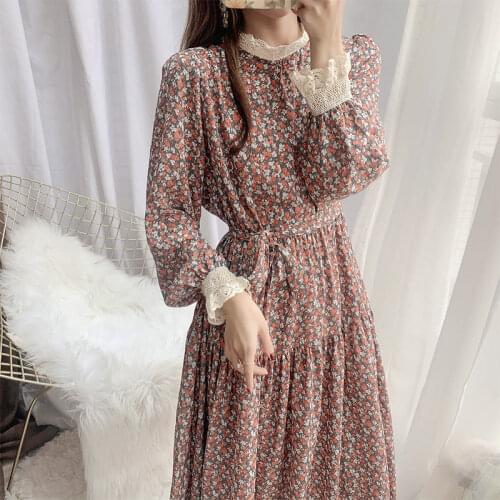 2021 Autumn Winter Dress Women Long Sleeve Vintage Dress Female Loose A-line Vestidos Ladies Casual Floral Midi Dresses T439