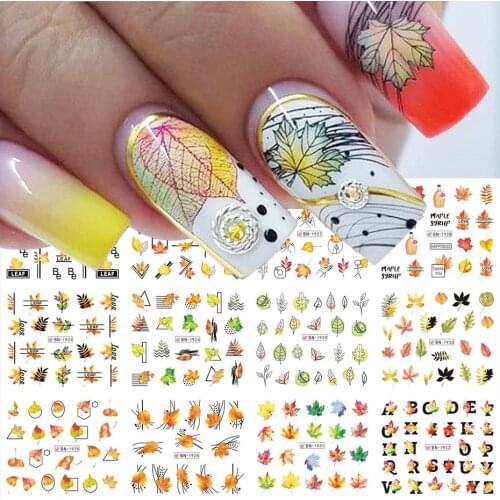 12pcs Maple Leaf Nail Stickers Autumn Geometrics Lines Leaves Water Decals Slider For Manicure Nail Art Decoration LEBN1921-1932