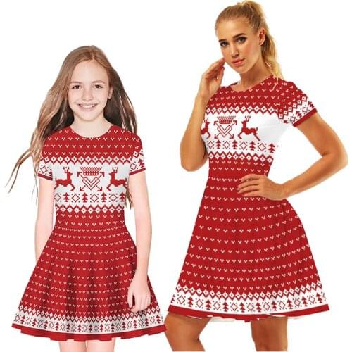 2021 Christmas Mom And Daughter Dress Cute Family Party Parent-child Outfits Fashion Print Girls Dress Mother Daughter Clothing