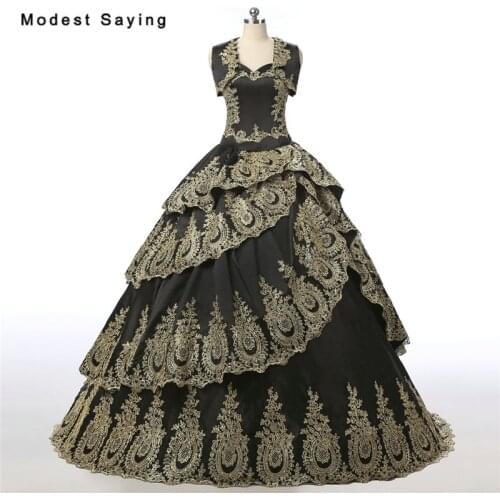 Princess Gold and Black Ball Gown Lace Quinceanera Dress 2017 with Tiered Skirt and Jackets Party Prom Gowns vestidos de 15 anos