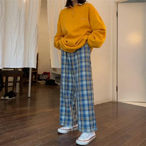 Summer Womens Harajuku Plaid Pants Fashion Loose Casual Pants High Waist Wide Leg Pants Straight Pants Womens Streetwear