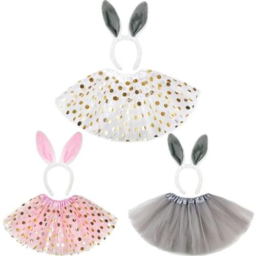 Kids Girls Easter Rabbit Cosplay Costume Glitter Polka Dot Gold Sequins Layered Tulle Tutu Skirt with Bunny Ears Headband Dress
