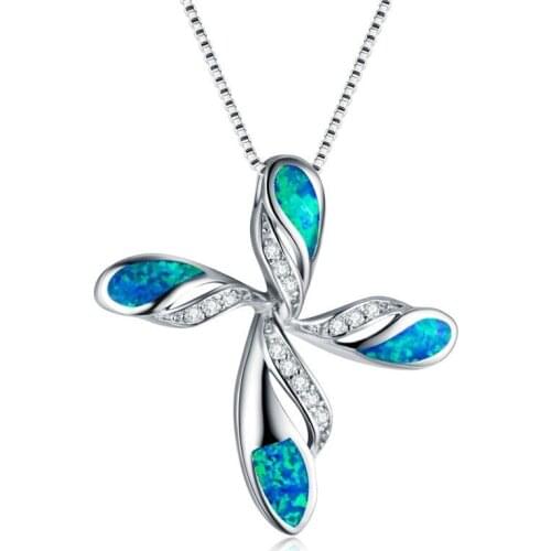 Elegance Blue/White Fire Opal Cross Pendant Necklace Flower Clover Zircon Choker Charm Necklaces Women Boho Jewelry Gift