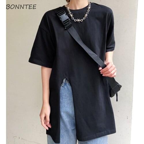 Short Sleeve T-shirts Women Clothes Summer Leisure Tops Stylish Teens Solid Couple Regular Front-split Design All-match Tees BF