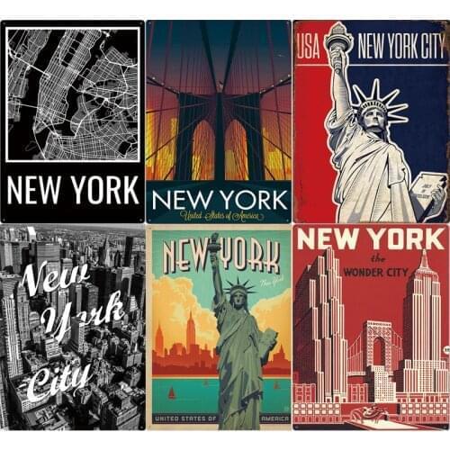 City Lanscape Metal Wall Art America New York Tin Poster Statue of Liberty Vintage Metal Plaque Home Decor Plate Retro Poster
