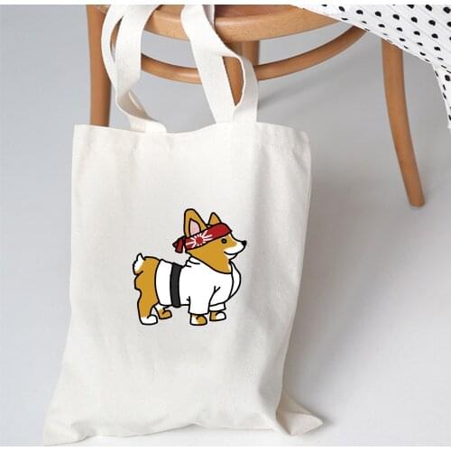 Book Bag Corgi Harajuku Kawaii Canvas Bag Women Casual Shoulder Bags Lady Japanese Handbag Reusable Large Shopper Tote Bags