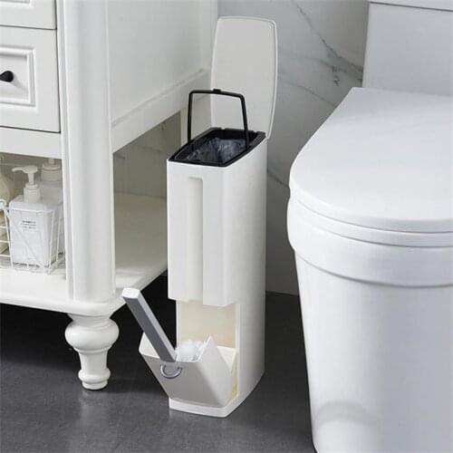 Multifunctional Plastic Household Trash Can With Toilet Brush Trash Can With Lid Portable Liner Toilet Trash Can