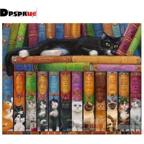 Dpsprue Full Square/Round Diamond Painting Kit Cross Stitch Animal Cat Book Diamond 3D Embroidery DIY 5D Moasic Gift DP210