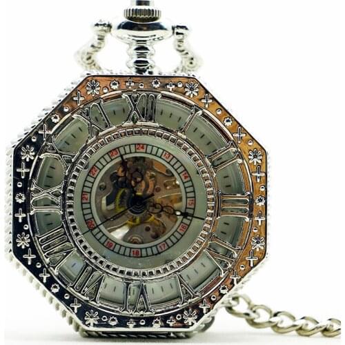 5Pcs/lotRoman Number Mechanical Pocket Watch with FOB Chain Hand-winding Steampunk Full Steel for Men Women PJX1196