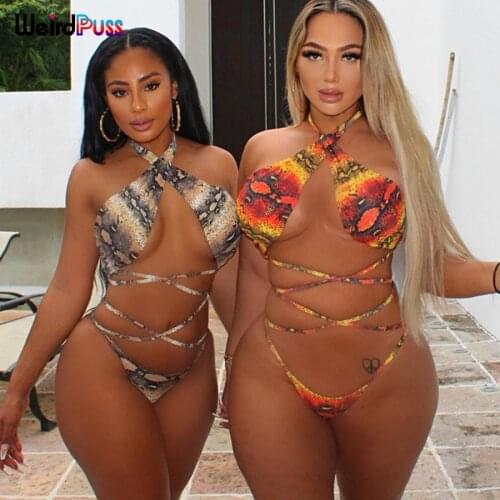 Weird Puss Sexy Women Snake Print Swimsuit Suit Y2K Halter Bandage Tank Tops+Thong 2 Piece Set Sling Summer Beach Style Vacation