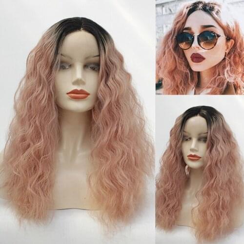 Orange Pink Lace Front Wig Ombre Dark Roots Rose Pink Loose Curly Wave Gluless Synthetic Wigs Heat Resistant for Black Women