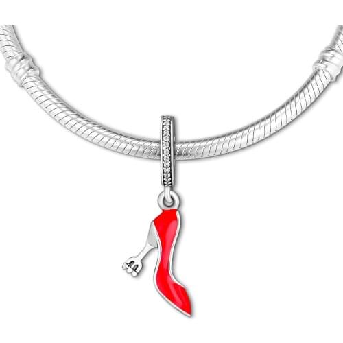 Fits for Pandora Charms Bracelets Stiletto Beads with Red Enamel & Clear CZ 100% 925 Sterling Silver Jewelry Free Shipping