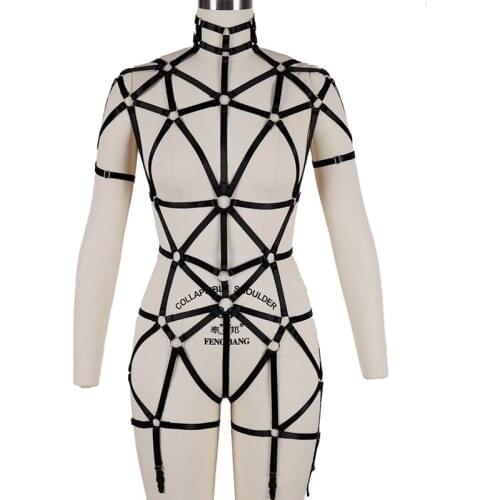 Full Body Bondage Harness Set Sexy Women Chest Cage Bra Lingerie BDSM Erotic Corset Stocking Garter Belt Dance Club Rave Wear