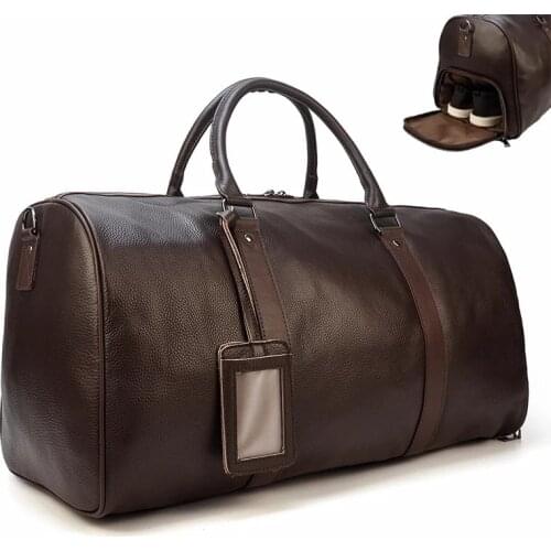 POOLOOS Men Genuine Leather Travel Bag Duffel Large Capacity Travel Handbag Black Man Weekend Bag Carry On Luggage fitness bag
