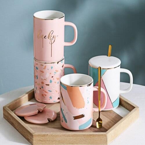 Luxury Nordic Coffee Mug Ceramic Creative with Lid Spoon Handmade Large Capacity Milk Couple Mug Caneca Drinkware Kitchen DB60MK