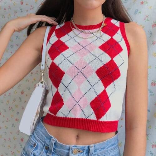 Pink Knitted Argyle Sweater Vest Y2k Sleeveless O Neck Crop Tops Autumn Preppy Style 90s Aesthetic Streetwear Argyle Vest Clothe