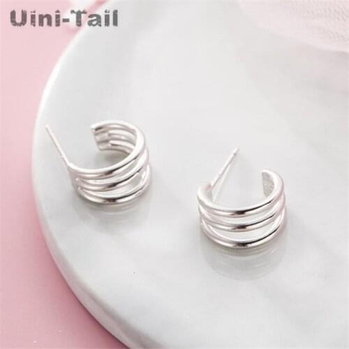 Uini-Tail hot new 925 sterling silver simple circle three ring earrings fashion tide flow trend hypoallergenic ear jewelry ED403