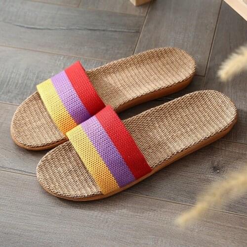 Female House Slippers Linen Home Couple Indoor Shoes Wood Flooring Cotton Non-slip Summer Household Slides for Men and Women