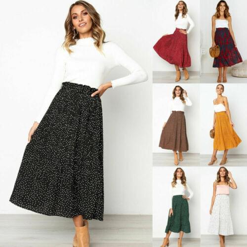 Womens Boho Summer Casual High Waist Midi Skirts Pleated Beachwear Floral Long Skirt Female Ladies Streetwear 2019 NEW Arrival
