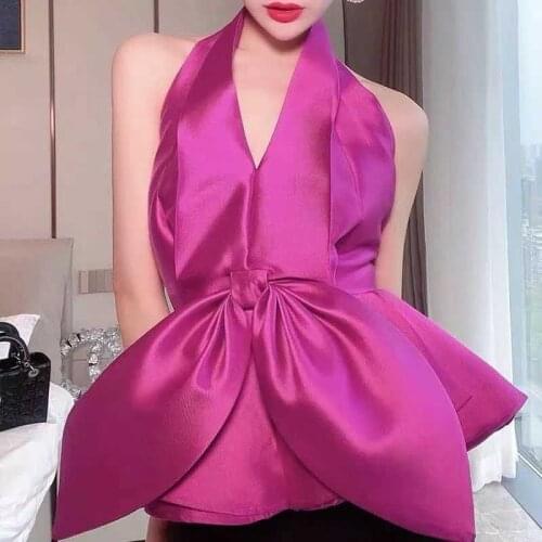 High-Quality Womens Halter Neck Tube Top Deep V-Neck Satin Shirt Big Butterfly Tunic Backless Blouses Sexy Sleeveless Tank Vest
