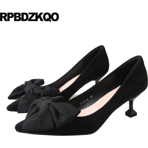 Sweet pointed toe unique women red stiletto pumps shoes medium heels size 33 kawaii cute black 2019 high bow suede 4 34 scarpin