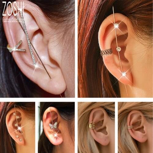 Cross Vintage Cubic Zirconia Leaves Ear Clip Ear Wrap Crawler Crystal Hook Earrings For Women Lightning Ear Cuff Climber Jewelry