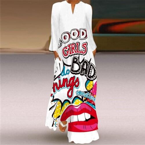 Butterfly Printing Women Sundress 2021 SummerVintage Long Sleeve V-neck Maxi Dress Elegant Ladies Long Dresses Plus Size 5XL