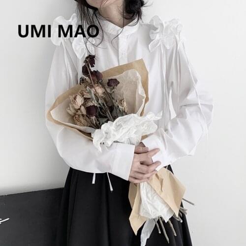 UMI MAO Yamamoto Style Dark Niche Design Sense Medieval Style Yoji Pleated Wood Ear Lace Long-sleeved White Shirt Y2k Blouses
