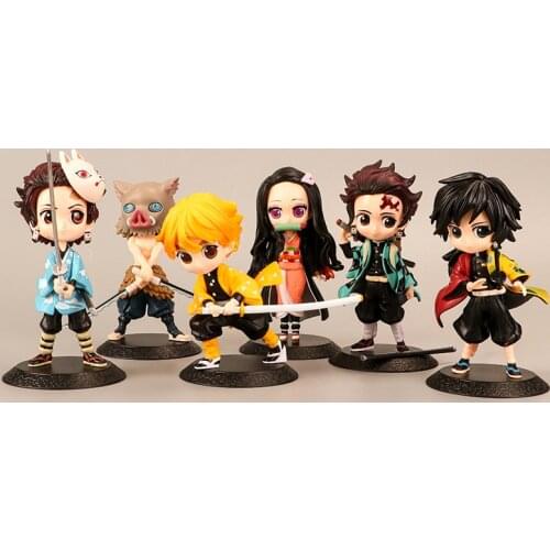 Big 6 Pcs Demon Slayer Tanjirou Zenitsu Nezuko Inosuke Cute Ver. PVC Action Figure Kimetsu no Yaiba Model Collect 14cm