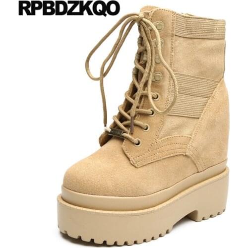 Platform Military Front Lace Up Casual Ankle Boots Autumn Canvas Flatform Desert Muffin Women High Heel Height Increased Combat