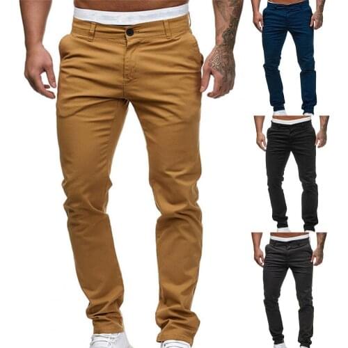 Men Pants Solid Color Cotton Blend Casual Long Pants Young Teenager Slim and Fit Pleated Zipper Male Trousers for Daily Wear