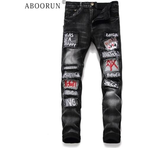 ABOORUN Mens Fashion Brand Jeans Gothic Embroidery Patchwork Jeans Black Skinny Pencil Jeans for Male R1038