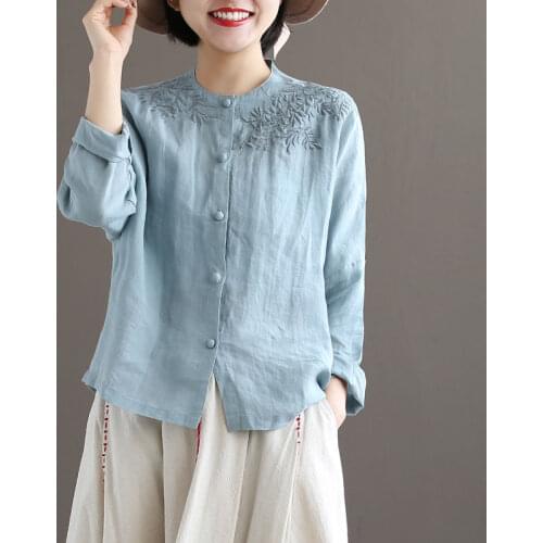 Cotton Linen Embroidered T Shirt for Women Spring Summer Tee New Artistic Plus Size Loose Pure Color Trendy All -Matching Top