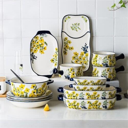 Ceramic Under Glaze Flower Pattern Baking Dish Japanese Tableware Breakfast Steak Soup Plate Restaurant Hotel Dessert Fish Tray