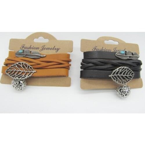 High Quality Geniue Leather With Leaf Charms and Smart Apple Locket DIY Essential Oil Diffuser Leather Bracelet