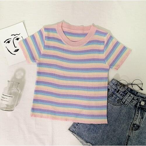 Rainbow Crop Top Korean Style Summer Women T Shirts Hot Sale Short Sleeve Women Clothing Fashion Slim Tee Shirt Strip Harajuku