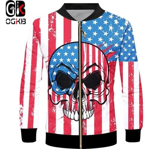 OGKB New Fashion Jacket Men Funny Cool 3D Print American Flag Skull jacket Harajuku Tops Plus Size Casual Streetwear Unisex