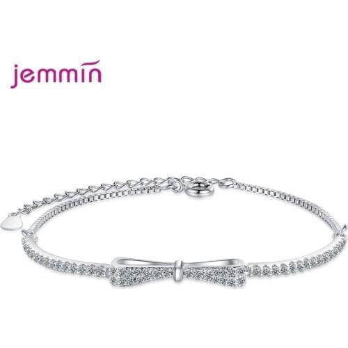 Fashion 925 Sterling Silver Zirconia Crystal Bow Adjustable Bracelet & Bangle for Women Brilliant CZ Party Jewelry Girl Gift