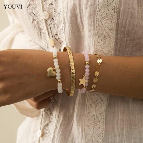YOUVI 4Pcs/Set Crystal Beads Chains Bracelets Set for Women Gold Color Bangels Sweet Hear Pearl Bracelets Set Chain Jewelry