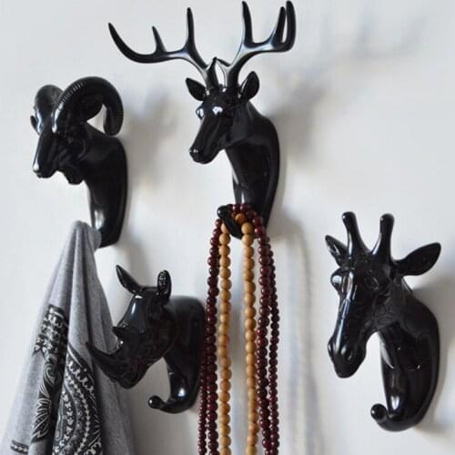 Wall Hanging Hook Decorative Vintage Deer Head Antlers Animal Hooks Strong Seamless Sticking Keys Holder Wall Home