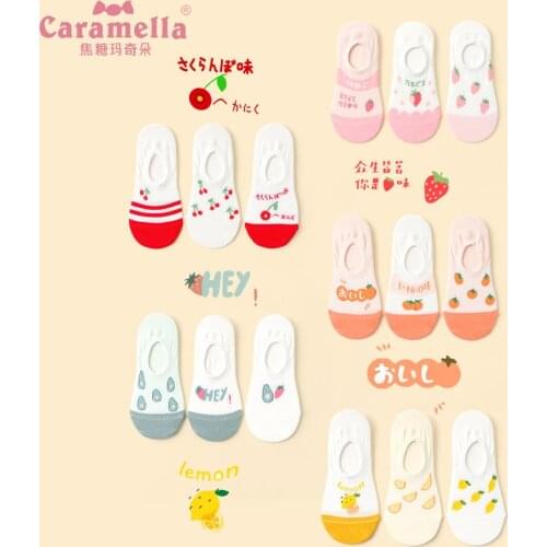 2020 New Spring Women Socks 3Pairs Cute Fruit Embroidery Cotton Girls Socks Novelty Cherry Orange Candy Color Invisible Socks