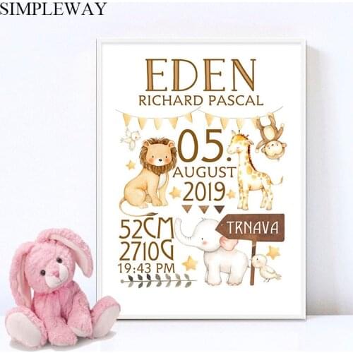 Personalized Baby Birth Custom Poster Nursery Art Print Animal Canvas Painting Wall Picture Nordic Kid Boy Bedroom Decoration
