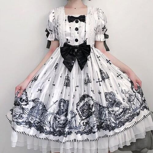 Halloween Cosplay White Japanese Gothic Lolita DressesOP Dress Cross Vintage Cos Anime Girl High Waist Dress Bowknot Dressing